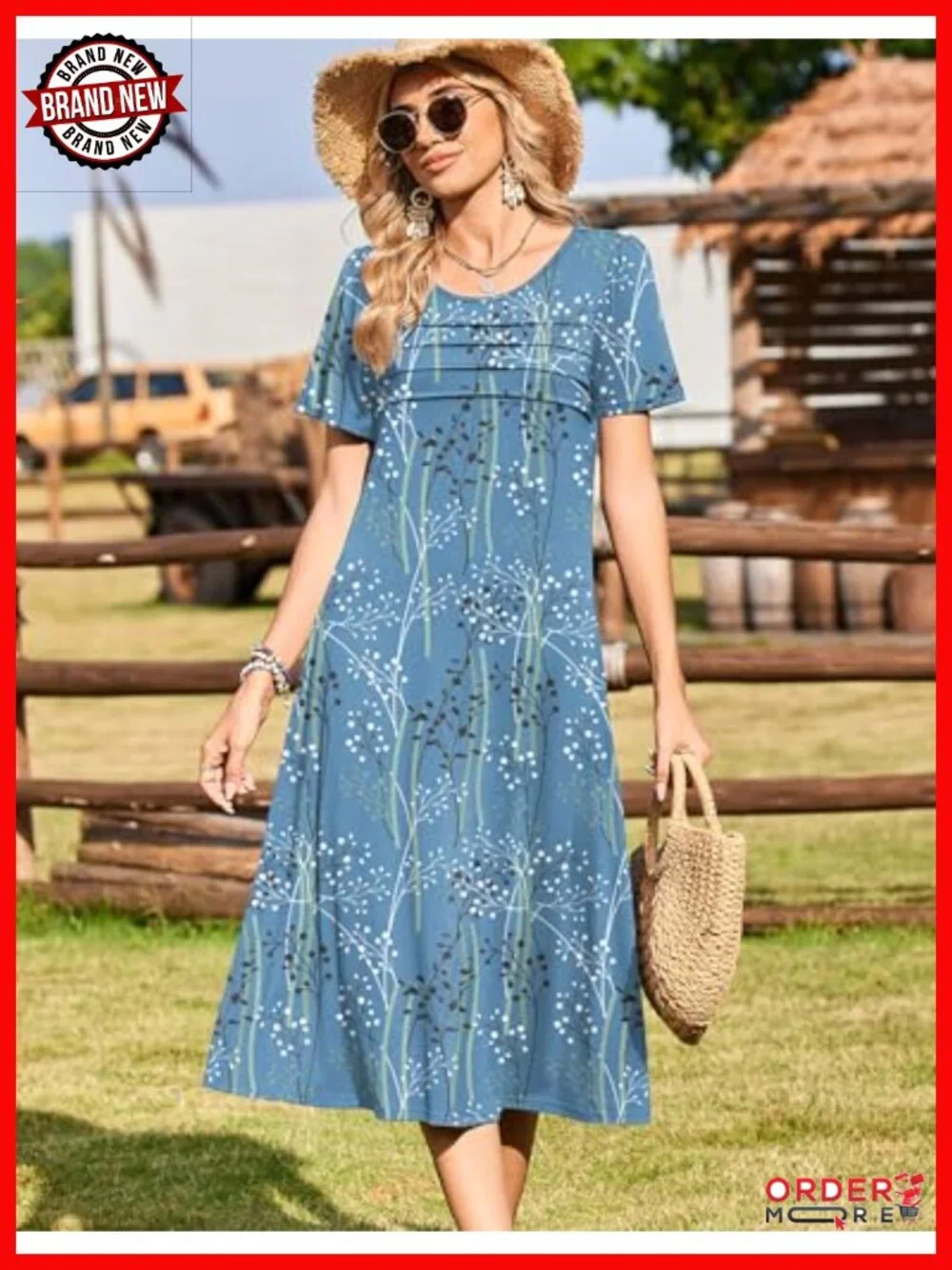 Short Sleeve Flare Midi Dress with Pockets Pleated Front Summer - Picture 2 of 6